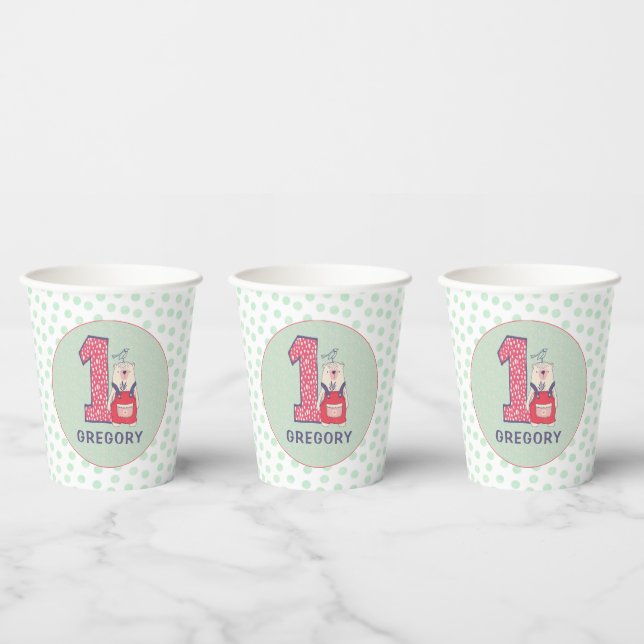 Cute bear first birthday with name  paper cups (Multi)