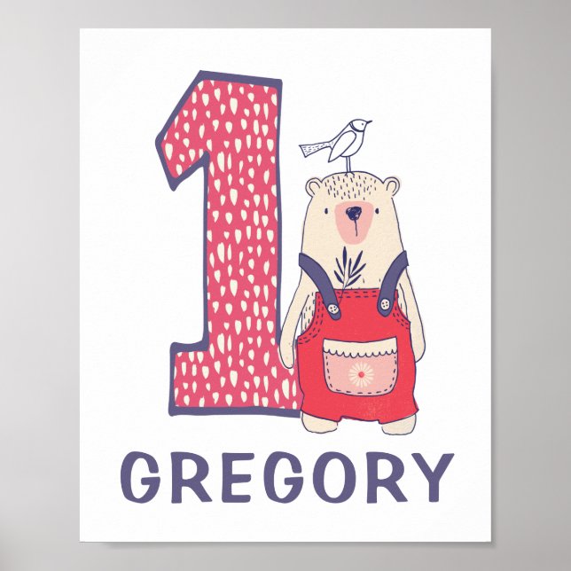 Cute bear first birthday with name  poster (Front)
