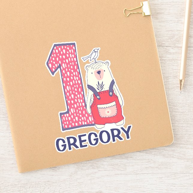 Cute bear first birthday with name sticker (Notebook)