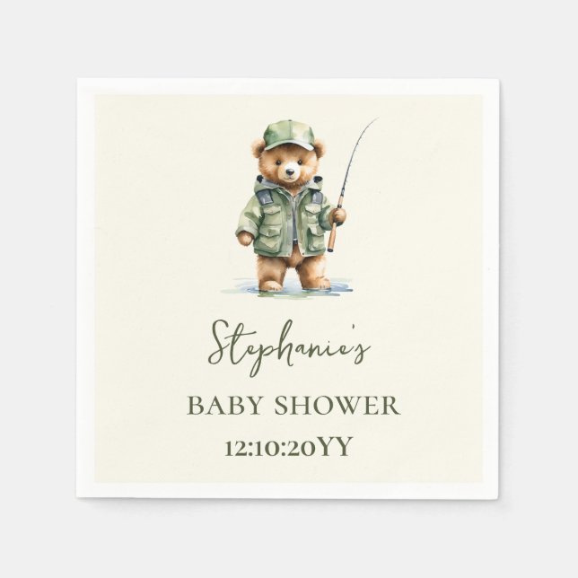 Cute Bear Fisherman Is On The Way Baby Shower Napkins (Front)