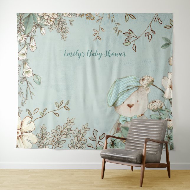 Cute Bear Floral Baby Shower Backdrop landscape (In Situ (Horizontal))