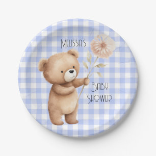 Cute Bear Floral Gingham Pattern Baby Boy Shower Paper Plates