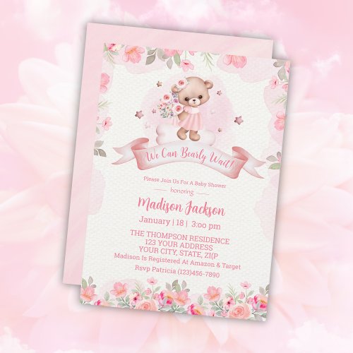Cute Bear Floral Girls Baby Shower Invitation