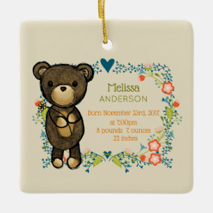 Cute Bear & Floral Wreath Baby Birth Ceramic Ornament
