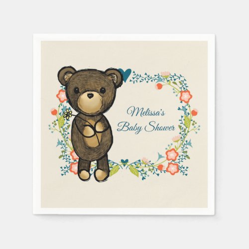 Cute Bear  Floral Wreath Baby Shower Paper Napkins