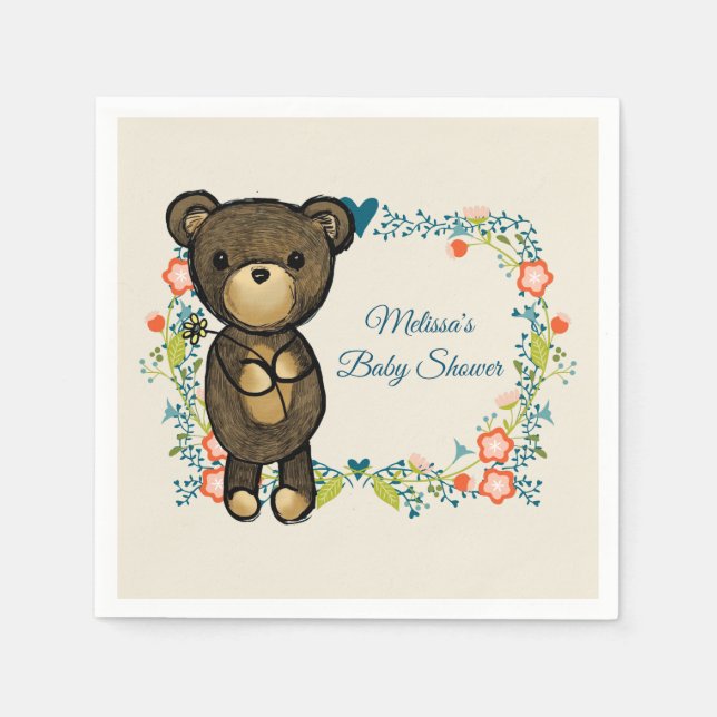 Cute Bear & Floral Wreath Baby Shower Paper Napkins (Front)