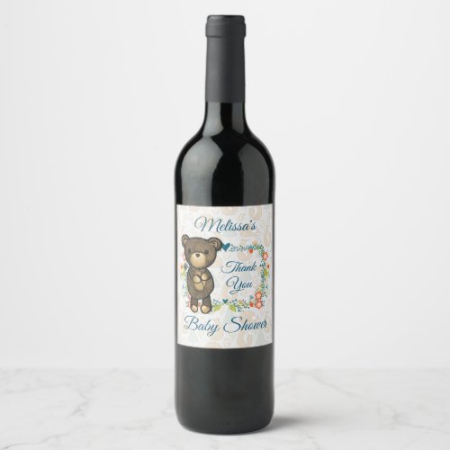 Cute Bear  Floral Wreath Baby Shower Thanks Wine Label