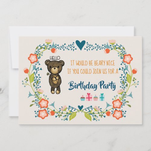 Cute Bear  Floral Wreath Birthday Invite