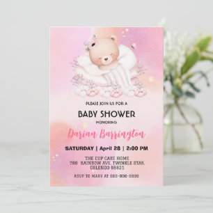 Cute Bear Flower balloon baby shower party girls Invitation