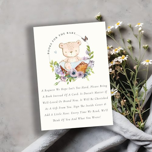 Cute Bear Flower Basket Blue Books For Baby Shower Enclosure Card