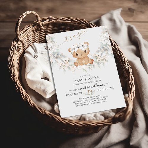  Cute Bear Flower Greenery Its a Girl Baby Shower Invitation