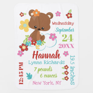 Cute Bear & Flowers Baby Girl Birth Record Stats Baby Blanket