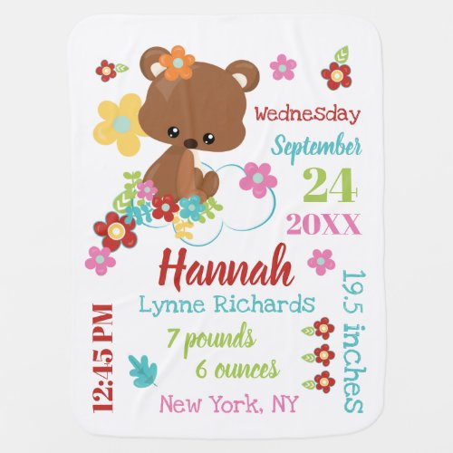 Cute Bear  Flowers Baby Girl Birth Record Stats Baby Blanket