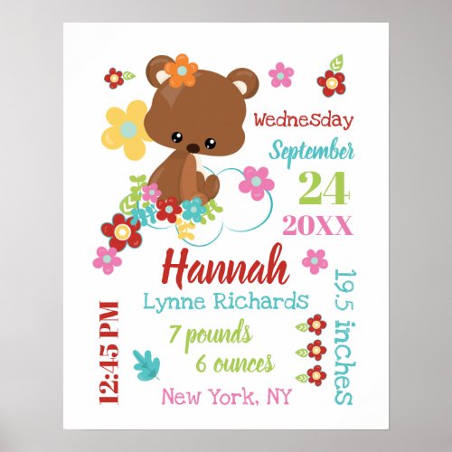 Cute Bear  Flowers Baby Girl Birth Record Stats Poster