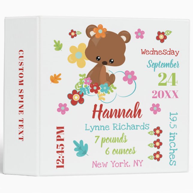 Cute Bear & Flowers Baby Girl Birth Stats Album 3 Ring Binder (Front/Spine)