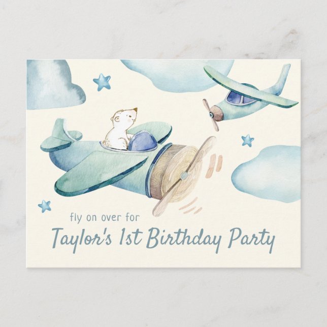 Cute Bear Flying Airplane Baby's 1st Birthday Invitation Postcard (Front)