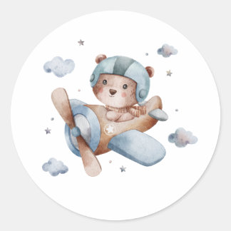 cute bear flying on airplane watercolor sticker