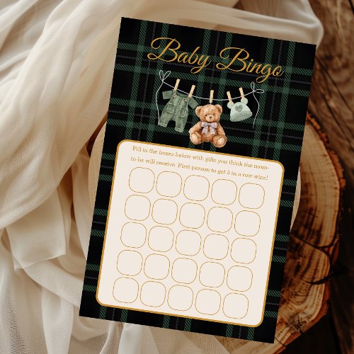 Cute Bear Forest Plaid Baby Shower Bingo Game