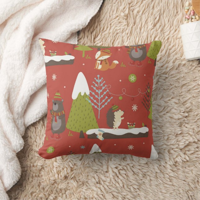 Cute Bear, Fox, & Hedgehog Kids Christmas Throw Pillow (Blanket)