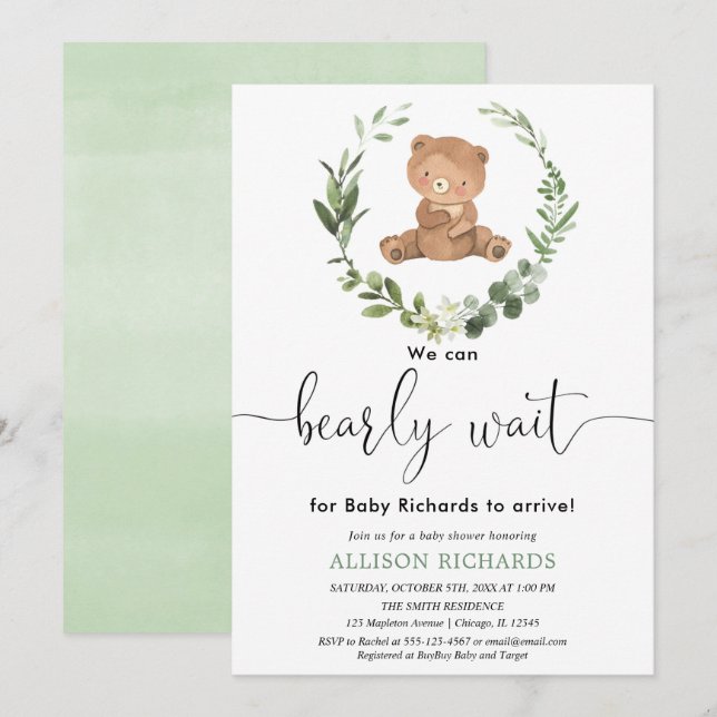 Cute bear gender neutral eucalyptus baby shower invitation (Front/Back)