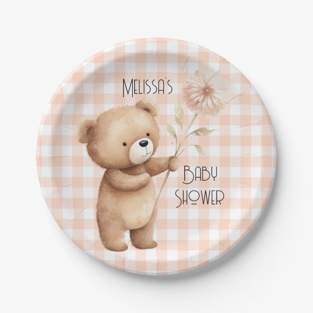 Cute Bear Gingham Pattern Baby Boy Shower Paper Plates (Front)