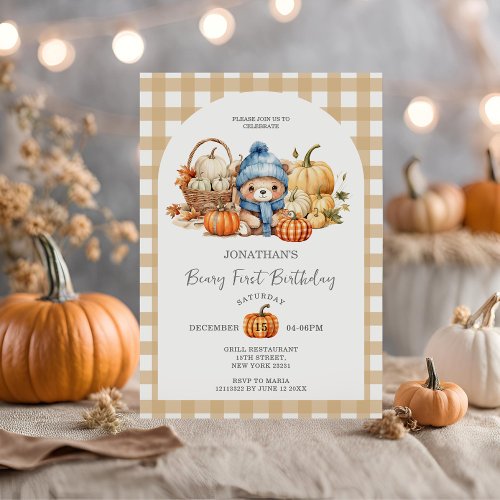  Cute Bear Gingham Pumpkin _ Beary First Birthday Invitation