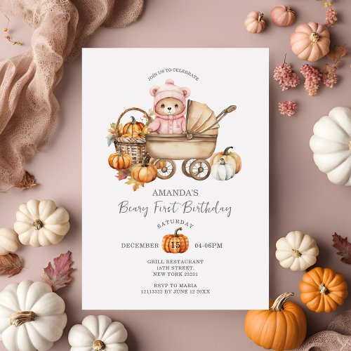  Cute Bear Gingham Pumpkin Pink First Birthday Invitation