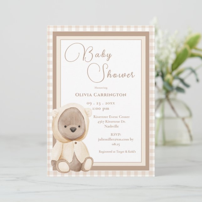 Cute Bear Gingham Vintage Baby Shower Invitation (Standing Front)