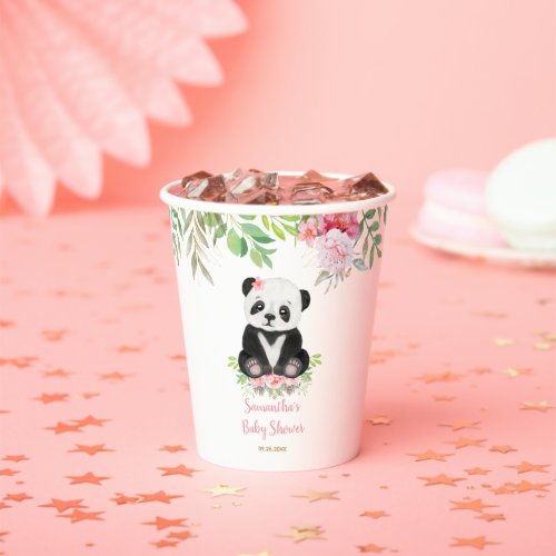 Cute Bear Girl Baby Shower Blush Pink Greenery Paper Cups