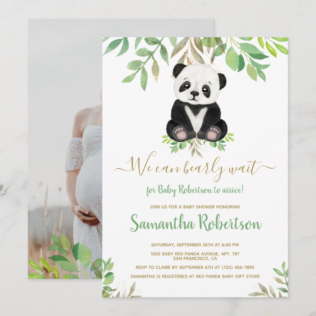 Cute Bear Gold Eucalyptus Baby Shower Photo Invitation (Front/Back)