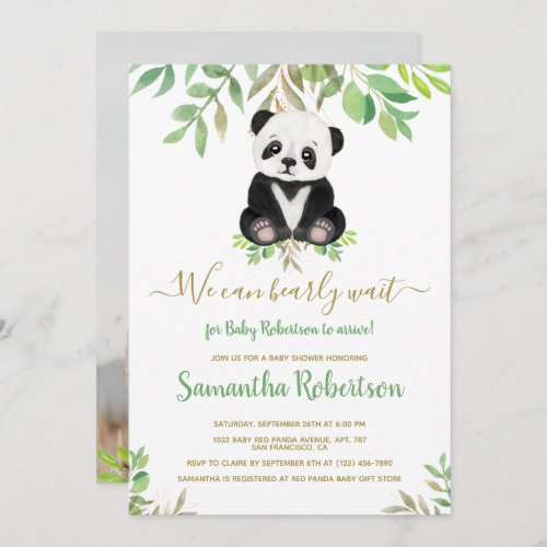 Cute Bear Gold Eucalyptus Baby Shower Photo Invitation