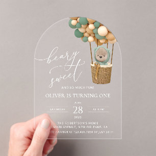 Cute Bear, Green Balloons, First Birthday Acrylic Invitations