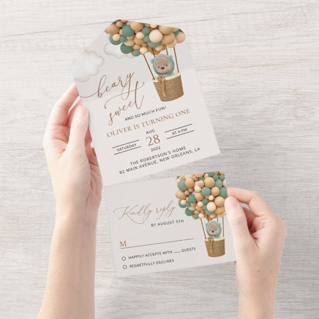Cute Bear, Green Balloons, First Birthday All In One Invitation (Tearaway)