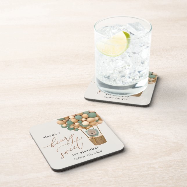 Cute Bear, Green Balloons, First Birthday Beverage Coaster (Right Side)