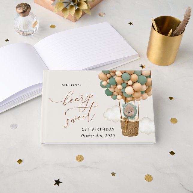 Cute Bear, Green Balloons, First Birthday Guest Book (Front Open)
