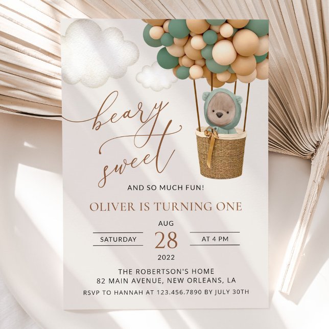 Cute Bear, Green Balloons, First Birthday Invitation (Creator Uploaded)