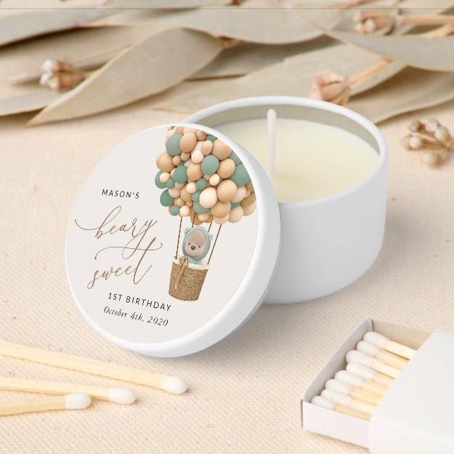 Cute Bear, Green Balloons, First Birthday Mini Candle Favors (Insitu)