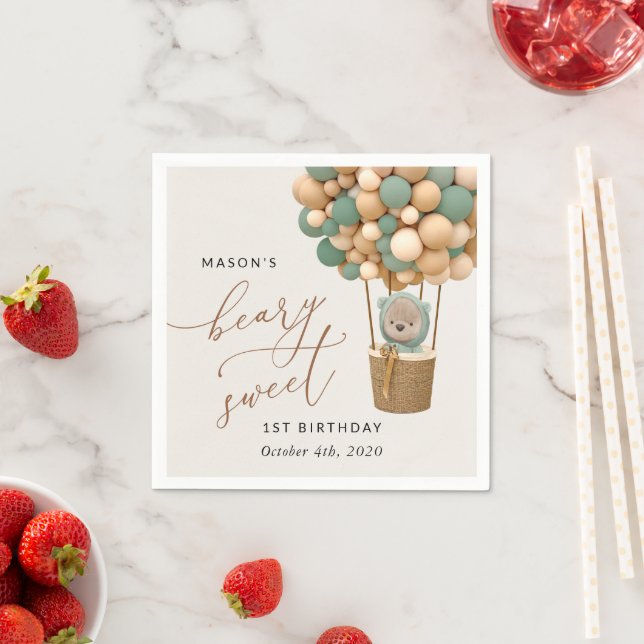Cute Bear, Green Balloons, First Birthday Napkins (Insitu)