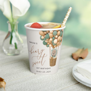 Cute Bear, Green Balloons, First Birthday Paper Cups