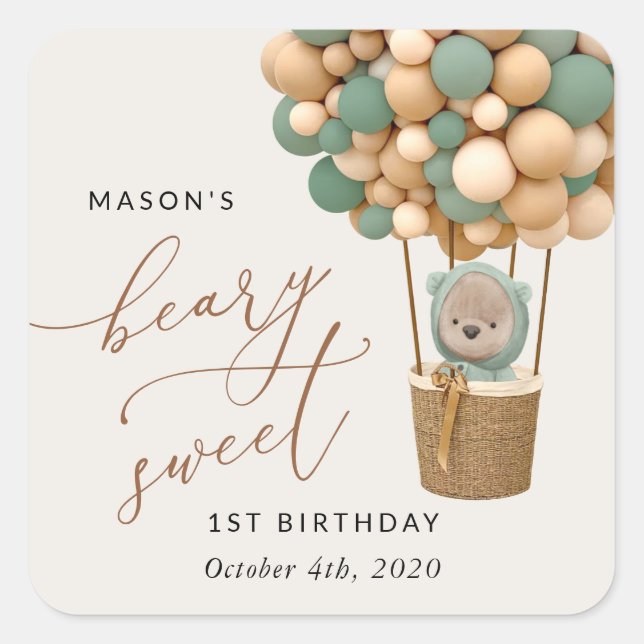 Cute Bear, Green Balloons, First Birthday Square Sticker (Front)