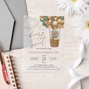 Cute Bear, Green Balloons, First Birthday Vellum Invitations