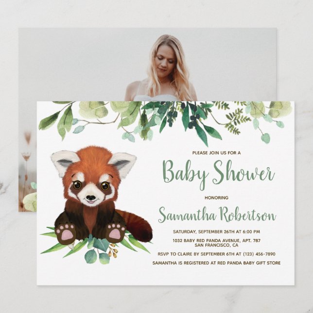 Cute Bear Greenery Eucalyptus Baby Shower Photo Invitation (Front/Back)