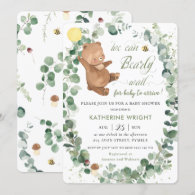 Cute Bear Greenery Gender Neutral Baby Shower Invitation