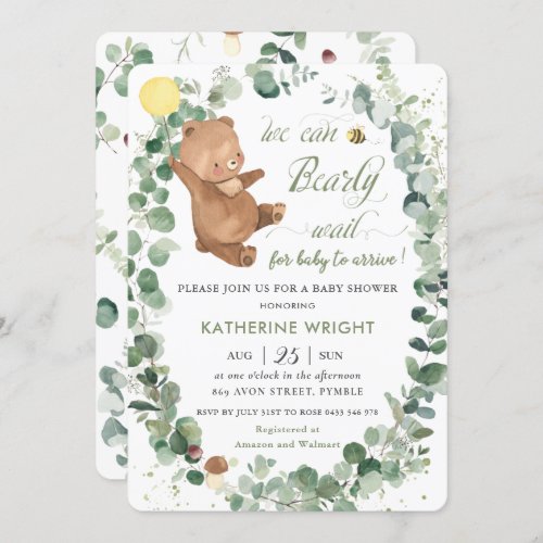 Cute Bear Greenery Gender Neutral Baby Shower Invitation
