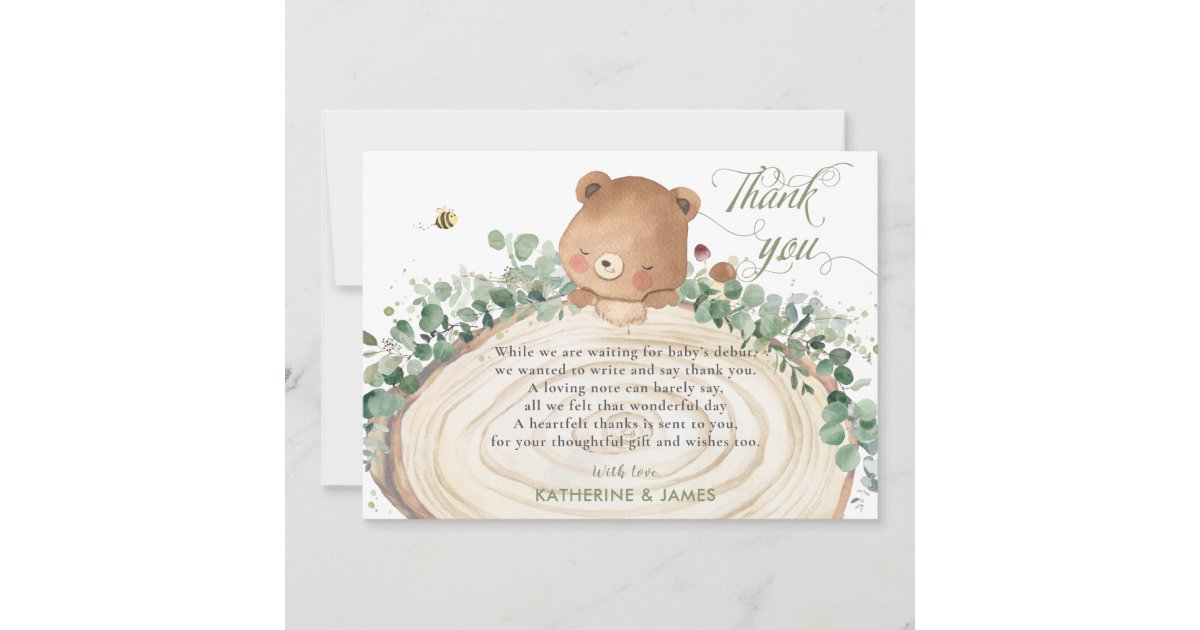 Cute Bear Greenery Gender Neutral Baby Shower Thank You Card | Zazzle