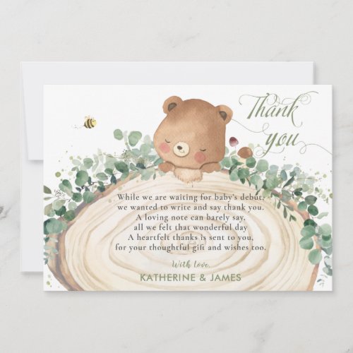 Cute Bear Greenery Gender Neutral Baby Shower  Thank You Card