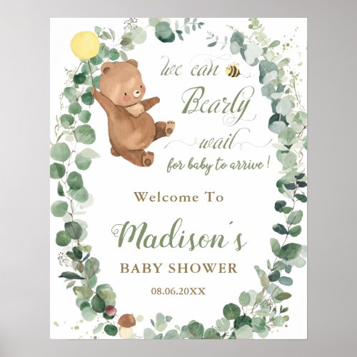 Cute Bear Greenery Gender Neutral Shower Welcome Poster