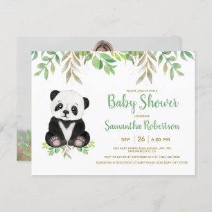 Cute Bear Greenery Watercolor Gender Neutral Photo Invitation Postcard
