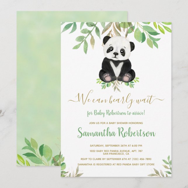 Cute Bear Greenery we can bearly wait baby shower Invitation (Front/Back)