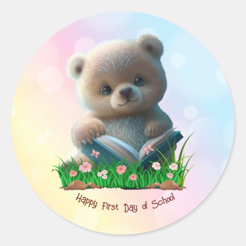 Cute Bear Happy 1st Day of School Personalized  Classic Round Sticker